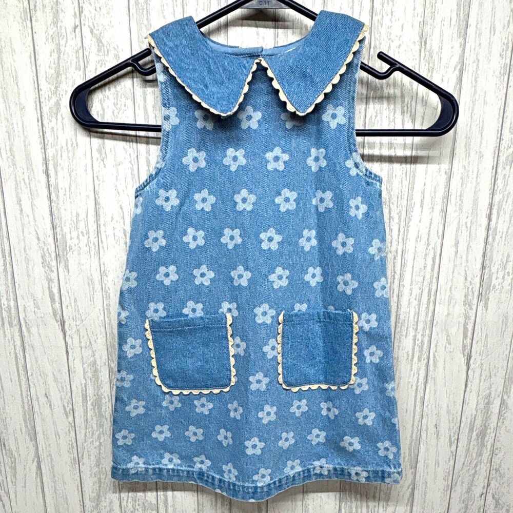 Louis Louise Girls Size 4 Blue Denim Floral Collared Shift Dress Sleeveless